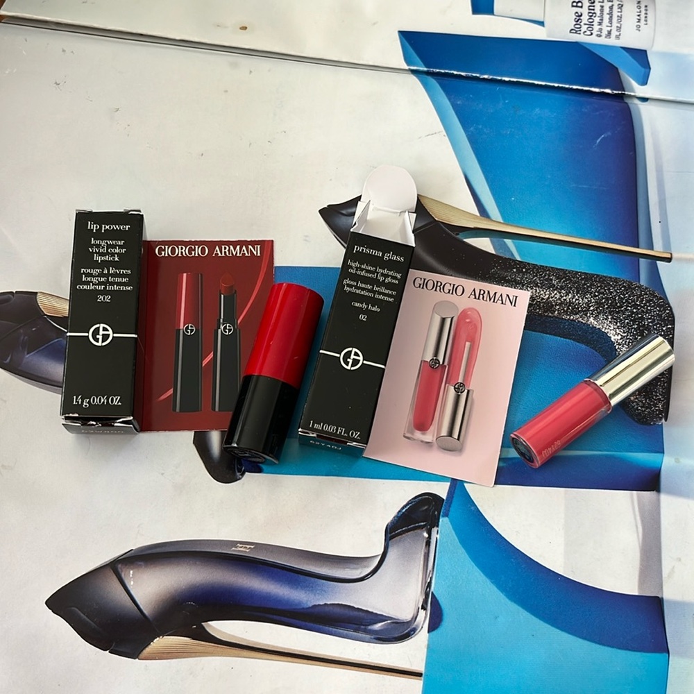 Giorgio Armani lip power + Prisma glass duo set travel size ( 202 /2 candy halo)